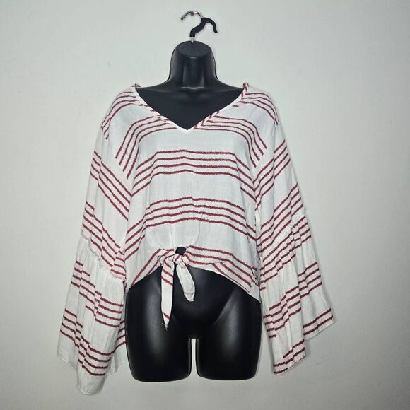 Anthropologie Lavender Fields Top Size Medium Stripe Bell Sleeve Boho Crop - Picture 1 of 4